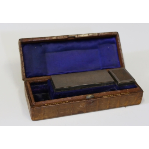 102 - W. Thornhill & Co., An Alligator Skin Pipe Smokers Box with silver fittings,18.5 x 7 cm, London 1893... 