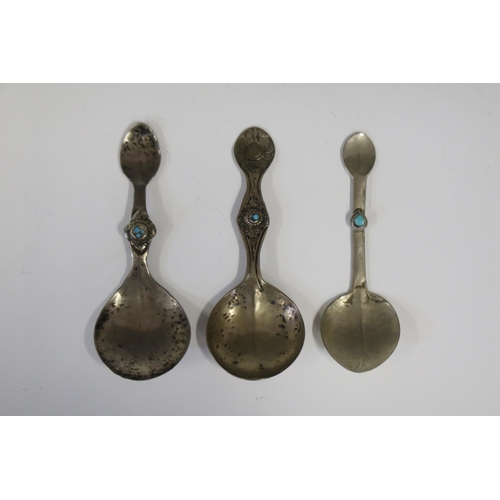 115 - Three 19th Century Tibetan White Metal Medicine Spoons with turquoise inlay, longest 92 mm