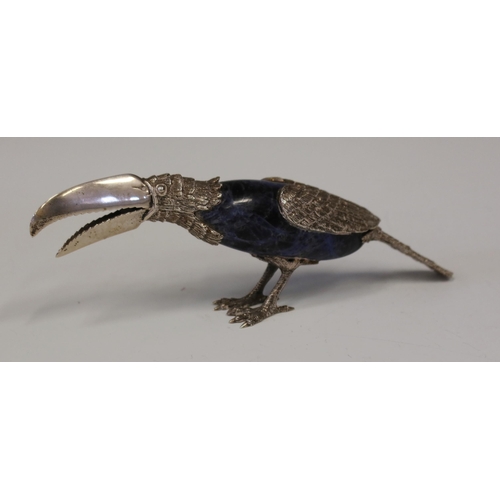 118 - A Sterling Silver Mounted and Hardstone Toucan Ornament, 21 cm long