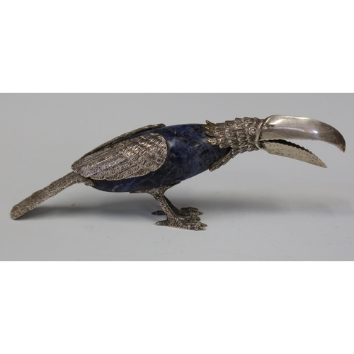 118 - A Sterling Silver Mounted and Hardstone Toucan Ornament, 21 cm long