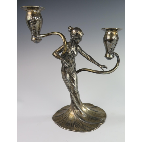 119 - A Pair of WMF Art Nouveau Figural Twin Light Pewter Candelabra modelled as maidens in diaphanous flo... 