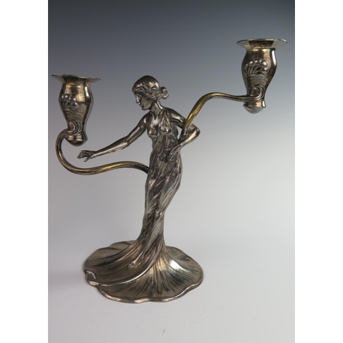 119 - A Pair of WMF Art Nouveau Figural Twin Light Pewter Candelabra modelled as maidens in diaphanous flo... 