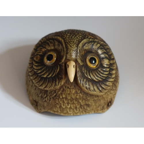 131 - A Rare Antique Owls Head Clock Bell Push, modelled in plastic with glass eyes on a metal base, 9.5cm... 