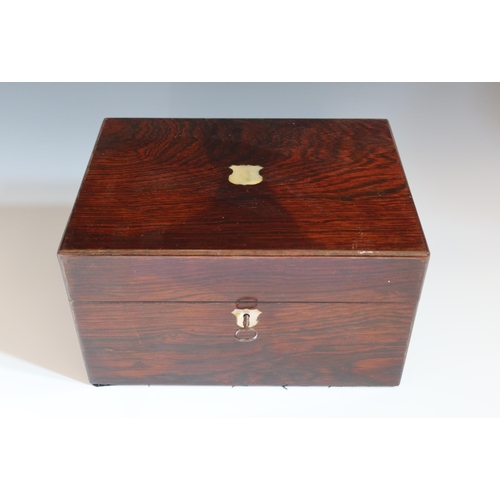 133 - A Victorian Rosewood and Mother of Pearl Sewing Box with blue plush and gilt tooled leather fittings... 