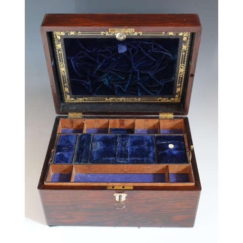 133 - A Victorian Rosewood and Mother of Pearl Sewing Box with blue plush and gilt tooled leather fittings... 