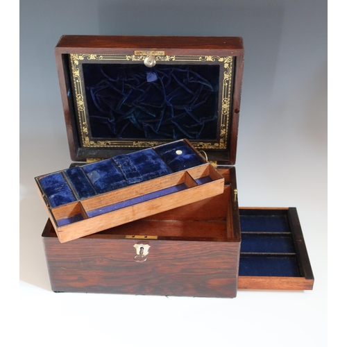 133 - A Victorian Rosewood and Mother of Pearl Sewing Box with blue plush and gilt tooled leather fittings... 