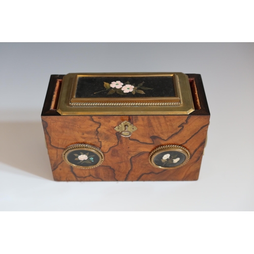 134 - A 19th Century Italian Pietra Dura Church Collection Box, the olive wood case with brass mounts inla... 