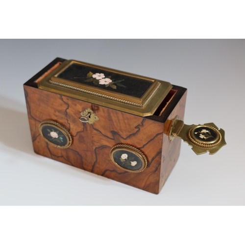 134 - A 19th Century Italian Pietra Dura Church Collection Box, the olive wood case with brass mounts inla... 