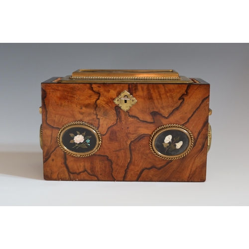 134 - A 19th Century Italian Pietra Dura Church Collection Box, the olive wood case with brass mounts inla... 