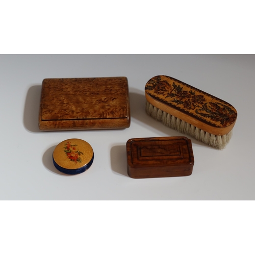 137 - A Selection of Treen including a Tunbridge ware brush (11cm long), satinwood pin cushion, small oliv... 