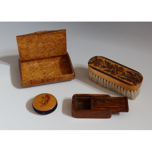 137 - A Selection of Treen including a Tunbridge ware brush (11cm long), satinwood pin cushion, small oliv... 