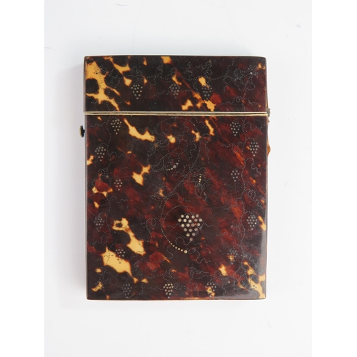 147 - A 19th Century Tortoise Shell Card Case with silver wire  and pin vine and grape decoration, 10.5 x ... 