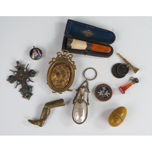 151 - A 19th Century Mother of Pearl and White Metal Mounted Scent Bottle, 19th century pocket watch key, ... 