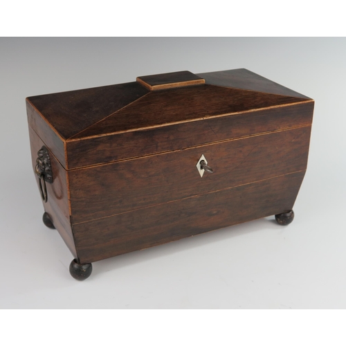 152 - An Early 19th Century Rosewood and Boxwood Strung Tea Caddy with twin lion mask handles and standing... 