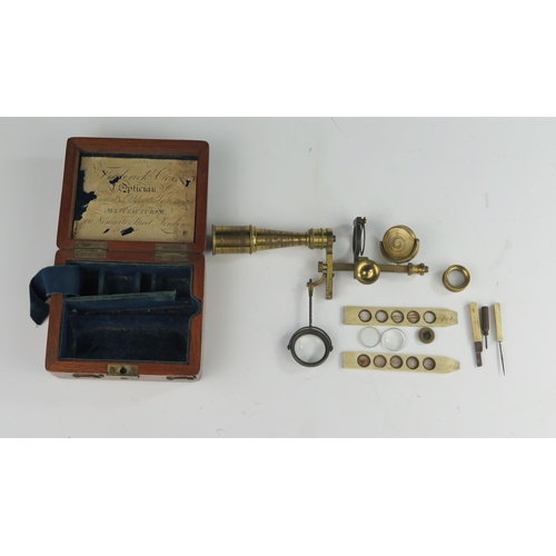 160 - A 19th Century Frederick Cox Optical Brass Magnifying Instrument and Slides and with original box (i... 