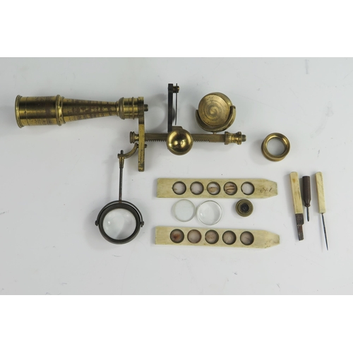 160 - A 19th Century Frederick Cox Optical Brass Magnifying Instrument and Slides and with original box (i... 