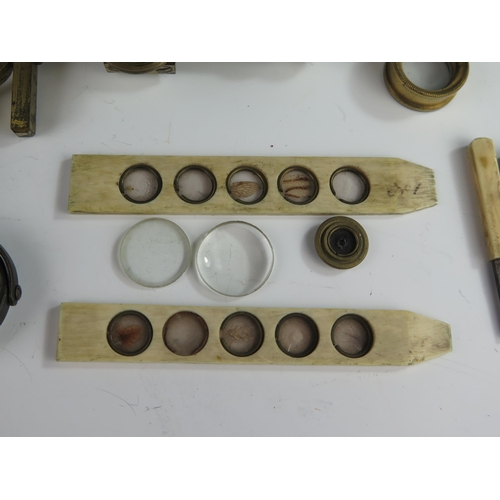 160 - A 19th Century Frederick Cox Optical Brass Magnifying Instrument and Slides and with original box (i... 