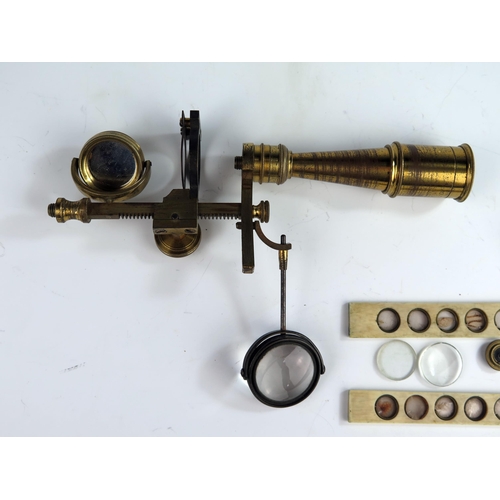 160 - A 19th Century Frederick Cox Optical Brass Magnifying Instrument and Slides and with original box (i... 