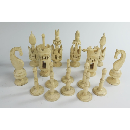 167 - A 19th Century Indian Carved and Stained Bone Chess Set, kings 98 mm, pawns 58 mm