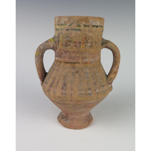 171 - An Early Egyptian Terracotta and Painted Two Handled Vessel, 15.5 cm