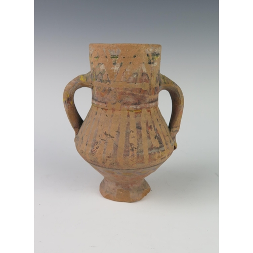 171 - An Early Egyptian Terracotta and Painted Two Handled Vessel, 15.5 cm