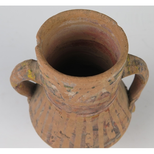 171 - An Early Egyptian Terracotta and Painted Two Handled Vessel, 15.5 cm