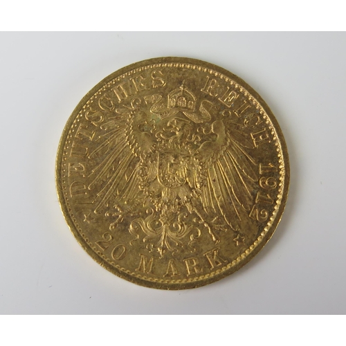 188 - A Prussian Wilhelm II 1912 20 Mark Gold Coin, Berlin Mint, 22.5mm, V/F, Reference KM# 521 and J# 252