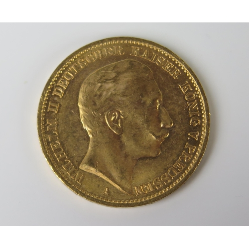 188 - A Prussian Wilhelm II 1912 20 Mark Gold Coin, Berlin Mint, 22.5mm, V/F, Reference KM# 521 and J# 252