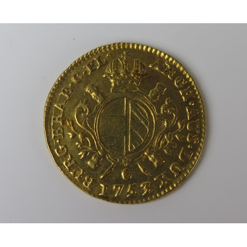 189 - Austrian Netherlands Maria Theresa 1753 Half Souverain D'Or Gold Coin, hand mintmark: Antwerp Mint, ... 