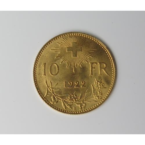 190 - Switzerland 1922 10 Francs Gold Coin, 19mm, V/F, Reference HMZ 2# 1196, Divo/Tob19# 294, KM# 36, Fr#... 