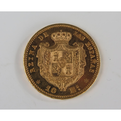 191 - Spain Isabella II 1868 10 Escudos Gold Coin, Royal Mint of Spain, 22mm, V/F, References	KM# 636 and ... 