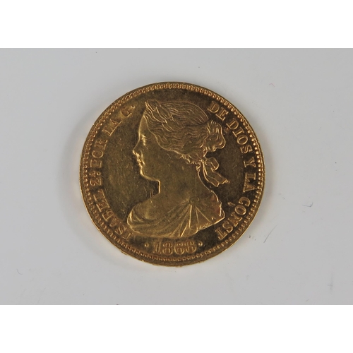 191 - Spain Isabella II 1868 10 Escudos Gold Coin, Royal Mint of Spain, 22mm, V/F, References	KM# 636 and ... 