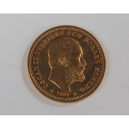 192 - Sweden Oscar II 1901 Gold 5 Kronor Coin, 16mm, V/F, Reference KM# 766