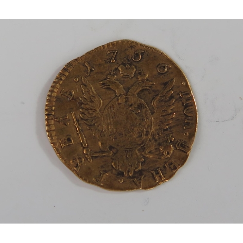 193 - Russian Empire Elizabeth Petrovna 1756 Gold Ruble, 16mm, Reference C# 22, Clipped