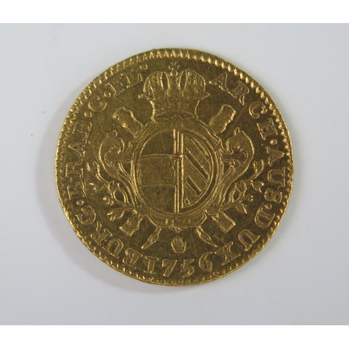 195 - Austrian  Netherlands Maria Theresa 1756 Gold 1/2 Souverain, hand mintmark Antwerp Mint, 22mm, About... 