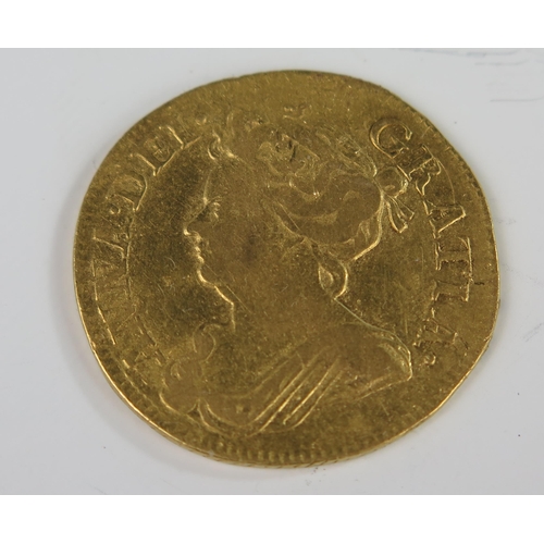 199 - United Kingdom Queen Anne1714 1 Guinea Gold Coin (3rd bust), 25.5mm, Fine, Reference KM# 534 and Sp#... 