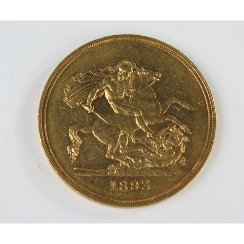 207 - United Kingdom Victoria 1893 £5 Gold Coin, 38.61mm, VF, Reference KM# 787 and Sp# 3872