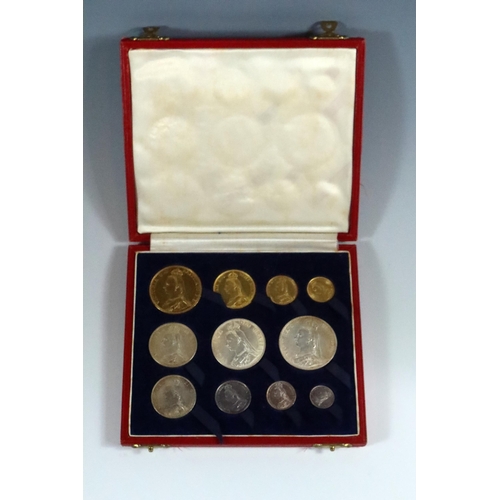210 - United Kingdom Victoria 1887 Gold and Silver £5 to 3d Specimen Coin Set in original case, EF