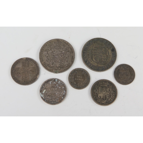 211 - A Selection of British Silver Coins including George II 1745 Lima Sixpence, George III 1818 Half Cro... 