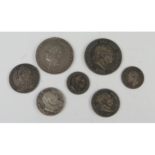 211 - A Selection of British Silver Coins including George II 1745 Lima Sixpence, George III 1818 Half Cro... 