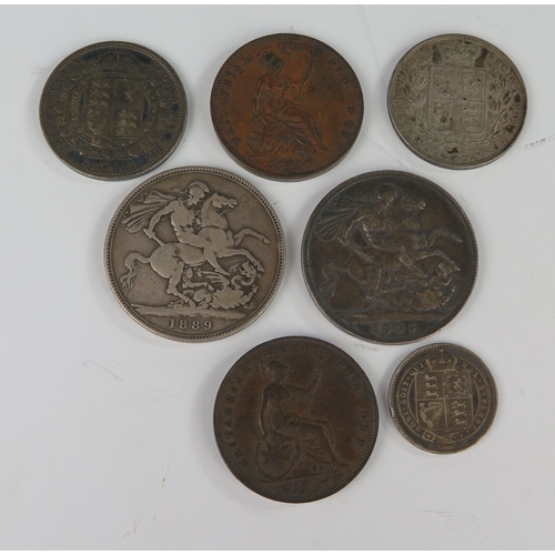 212 - A Collection of Victorian Coins _ 1889 and 1893 Crowns, 1885 and 1887 Half Crowns, 1854 Penny, 1858 ... 