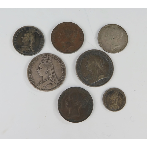 212 - A Collection of Victorian Coins _ 1889 and 1893 Crowns, 1885 and 1887 Half Crowns, 1854 Penny, 1858 ... 