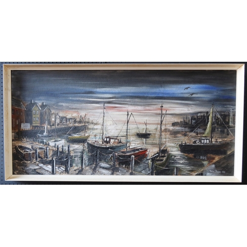 220 - Peter Jones 1963, Harbour Scene, oil on board, framed, 110 x 54 cm (inc. frame)