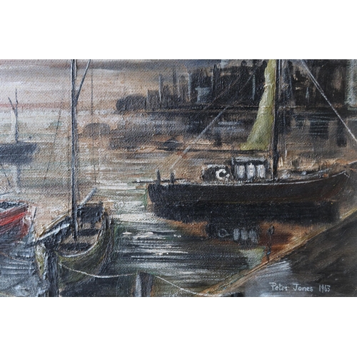 220 - Peter Jones 1963, Harbour Scene, oil on board, framed, 110 x 54 cm (inc. frame)