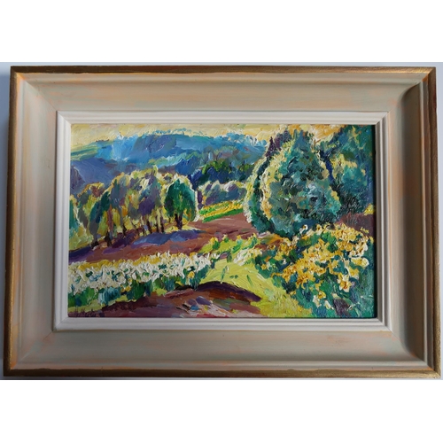 224 - M. Martin 98, oil on fibre board, framed. Paper label verso 