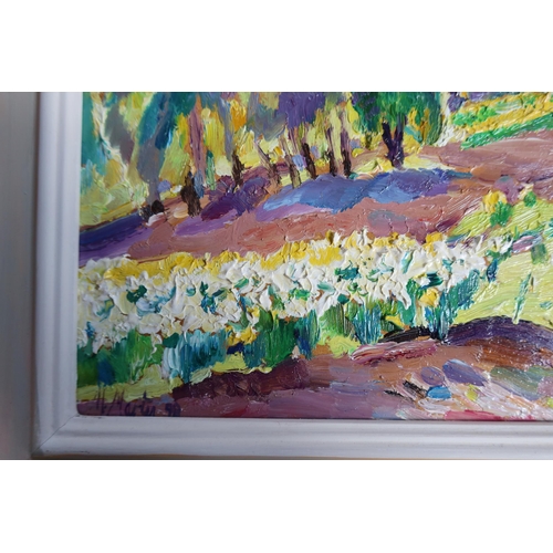 224 - M. Martin 98, oil on fibre board, framed. Paper label verso 