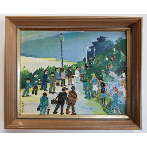 226 - Fred Yates, School Masters' Convention, oil on fibre board, framed. Titled verso, 29 x 24 cm (inc. f... 