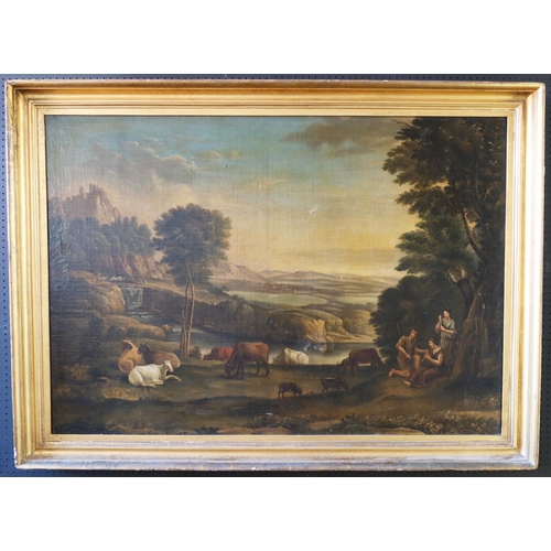 232 - An 18th Century Bucolic Scene depicting cowherds playing a pipe, unsigned, oil on canvas, 143 x 105 ... 