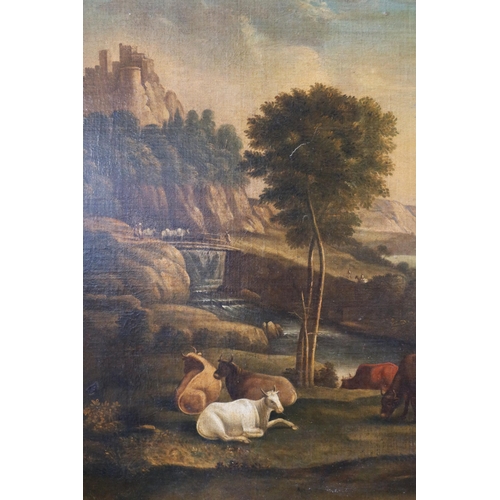 232 - An 18th Century Bucolic Scene depicting cowherds playing a pipe, unsigned, oil on canvas, 143 x 105 ... 