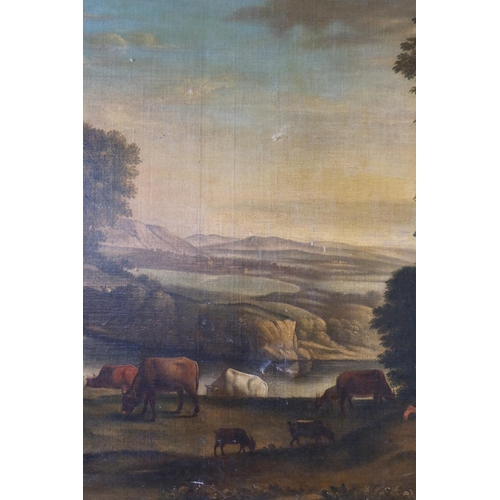 232 - An 18th Century Bucolic Scene depicting cowherds playing a pipe, unsigned, oil on canvas, 143 x 105 ... 